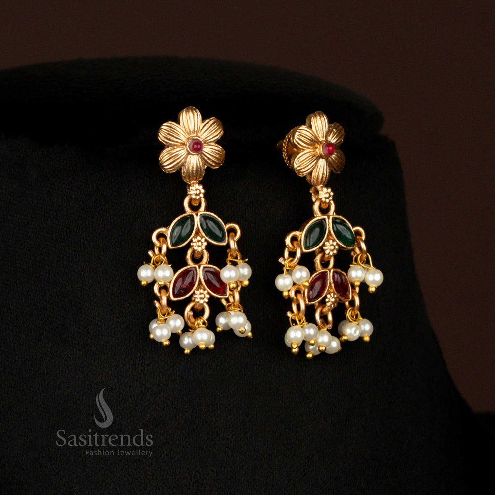 Wedding Jewellery Set with Hanging Pearl Drops and Floral Design – Sasitrends