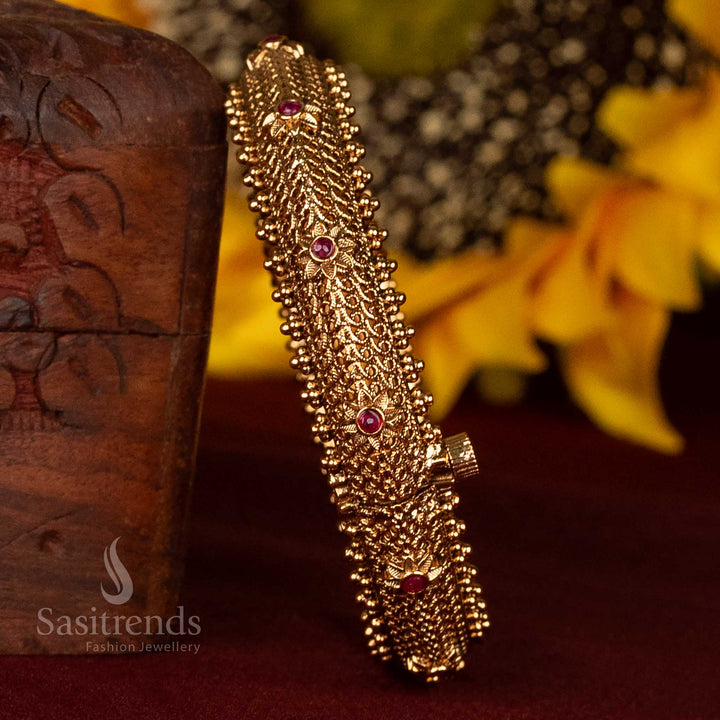 Ornate Design Premium Matte Gold Plated Bridal Temple Kada Bangle - Screw Type  - Sasitrends