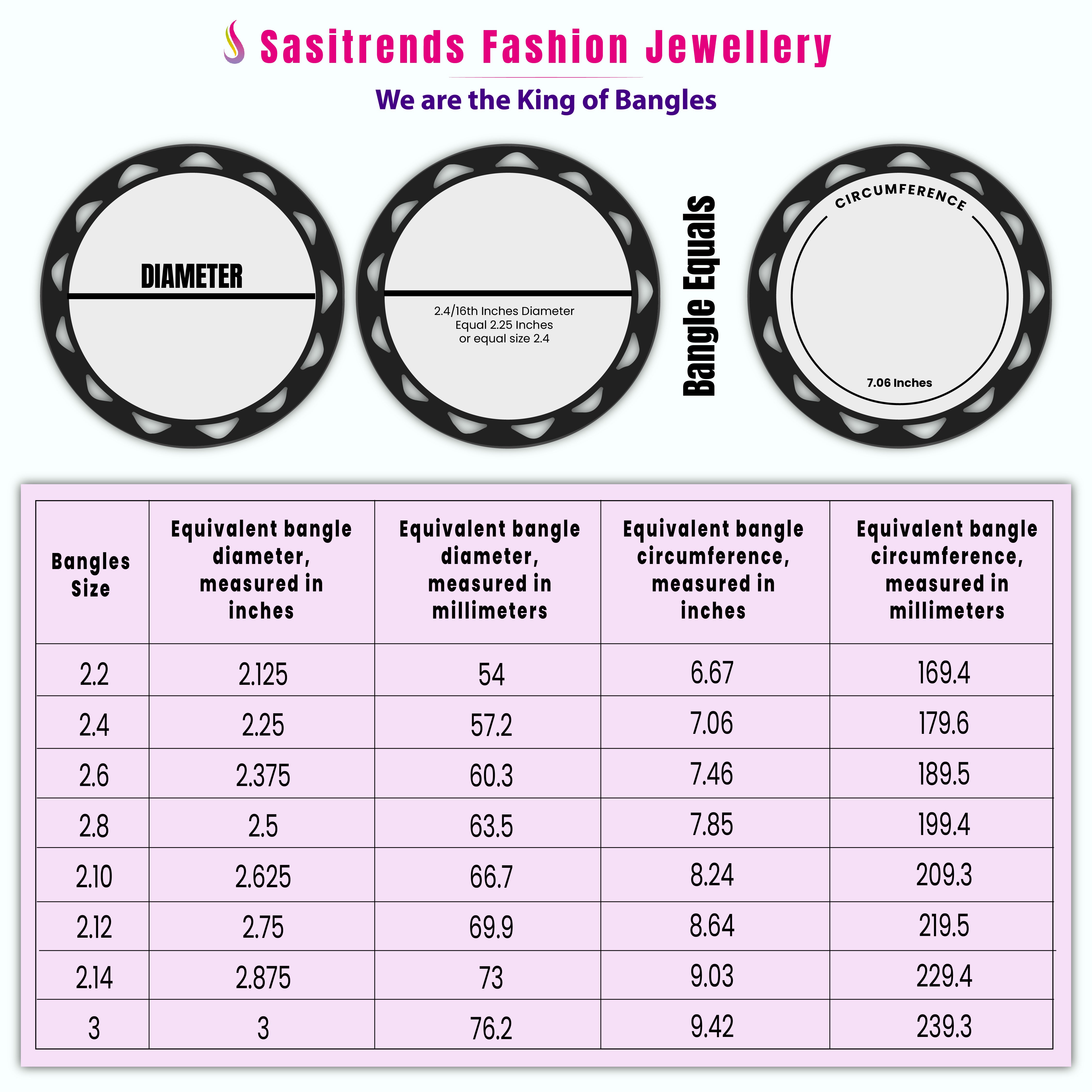 Oxidised Bracelet Bangles Measurement Image - Sasitrends
