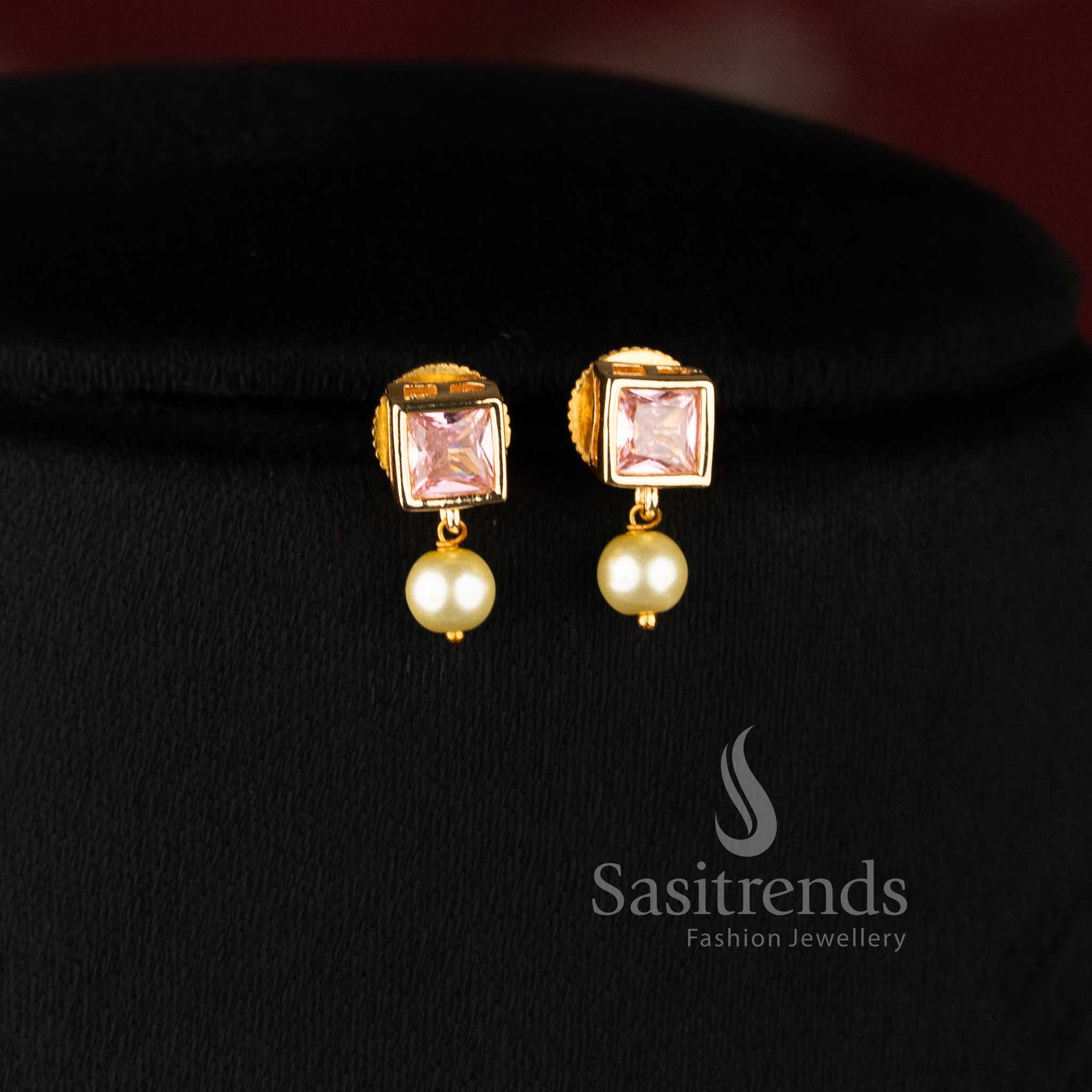 Elegant pink American diamond square cut necklace set with pearl drop accents for modern grace jewellery - Sasitrends