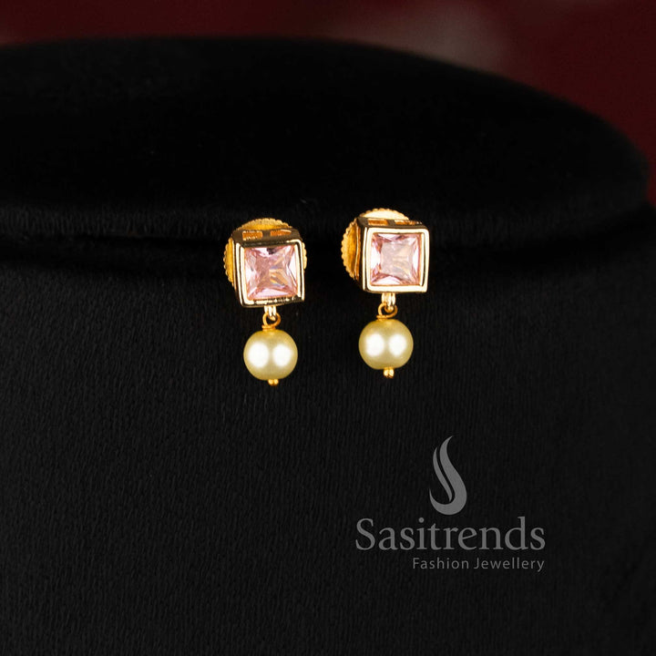 Elegant pink American diamond square cut necklace set with pearl drop accents for modern grace jewellery - Sasitrends