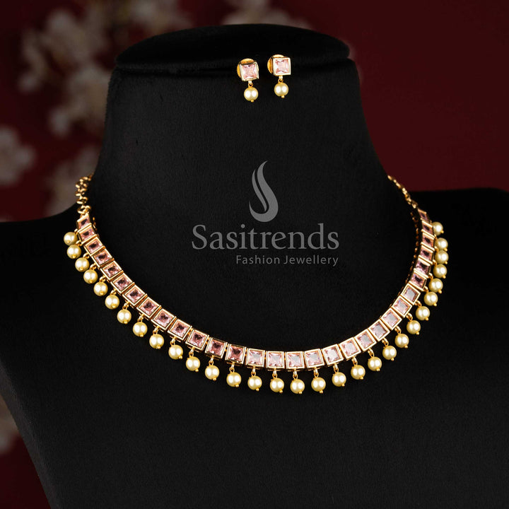 Elegant Pink hued American diamond square cut necklace set with pearl drop accents for modern grace jewellery - Sasitrends
