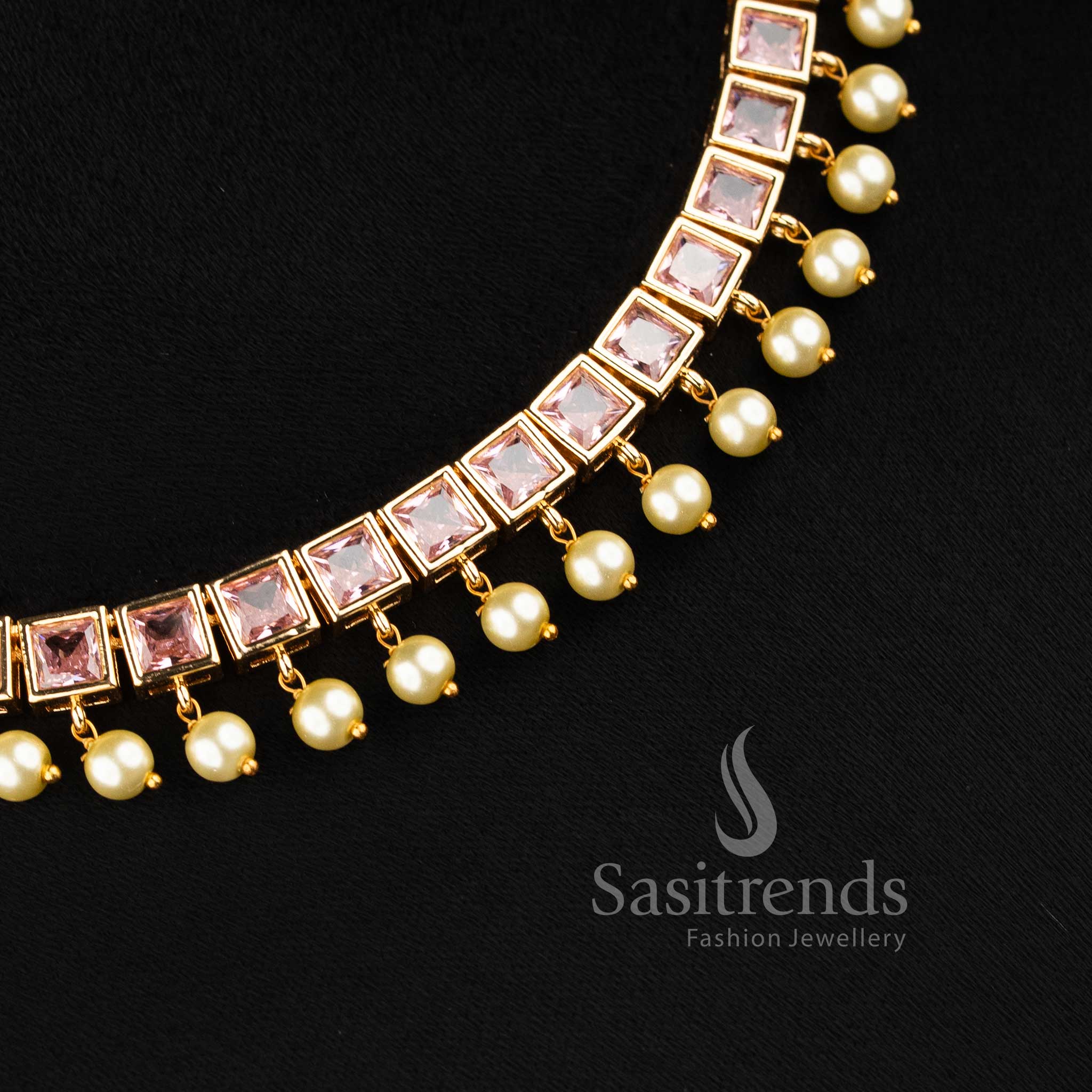 Elegant hued American diamond square cut necklace set with pearl drop accents for modern grace jewellery - Sasitrends