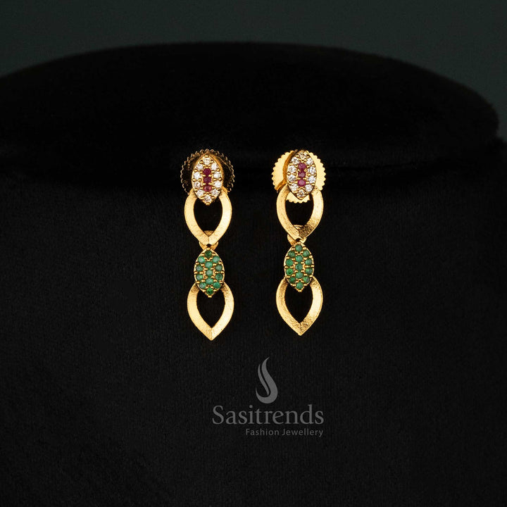 American diamond earrings set with dual leaf motifs, multicolored floral accents, and matte gold plating, ideal for weddings and festive wear - Sasitrends