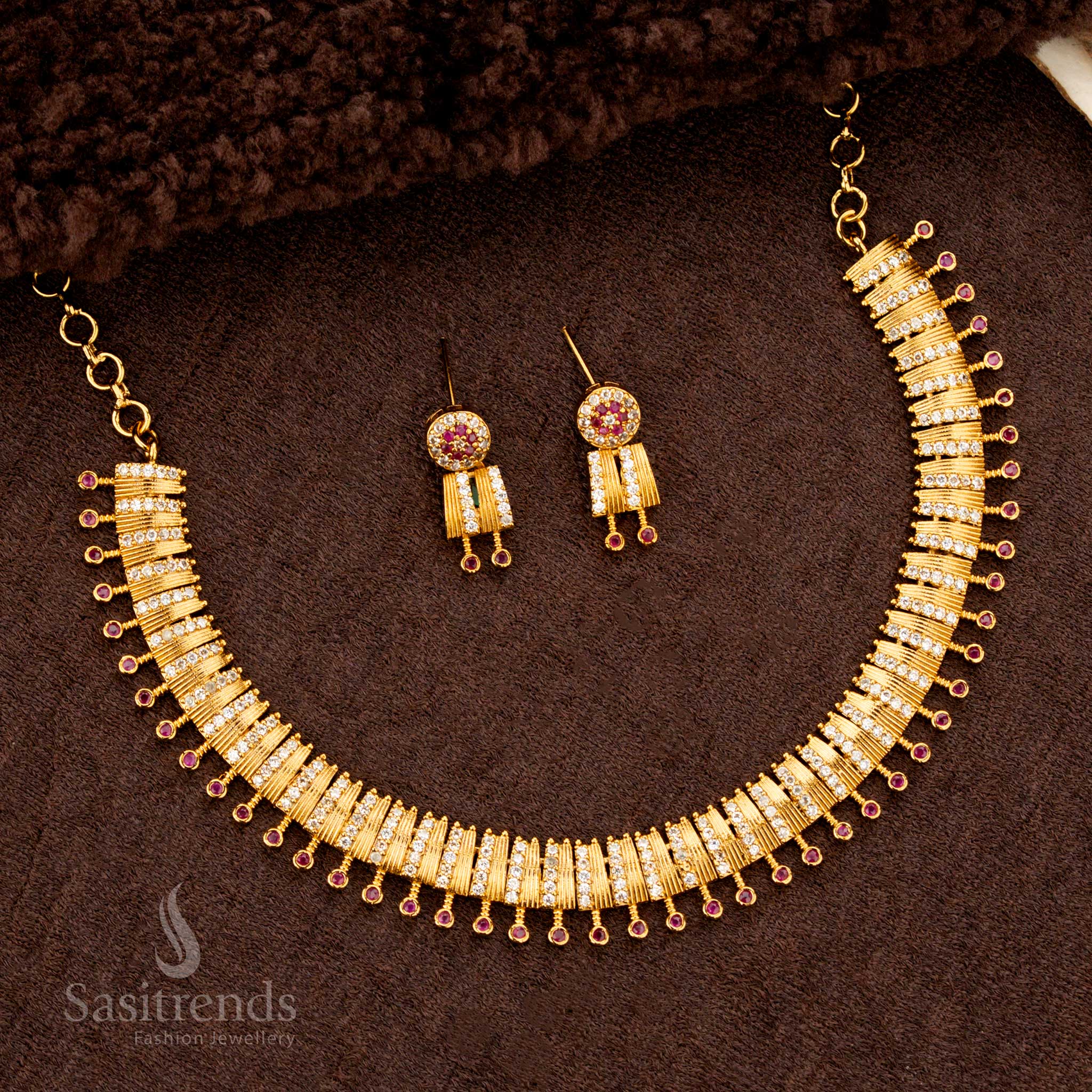 Bridal Matte Gold White Ruby Necklace Set with Earrings for Wedding Wear – Sasitrends