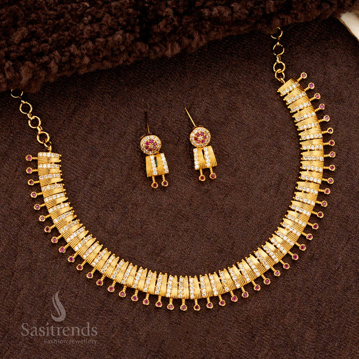 Bridal Matte Gold White Ruby Necklace Set with Earrings for Wedding Wear – Sasitrends
