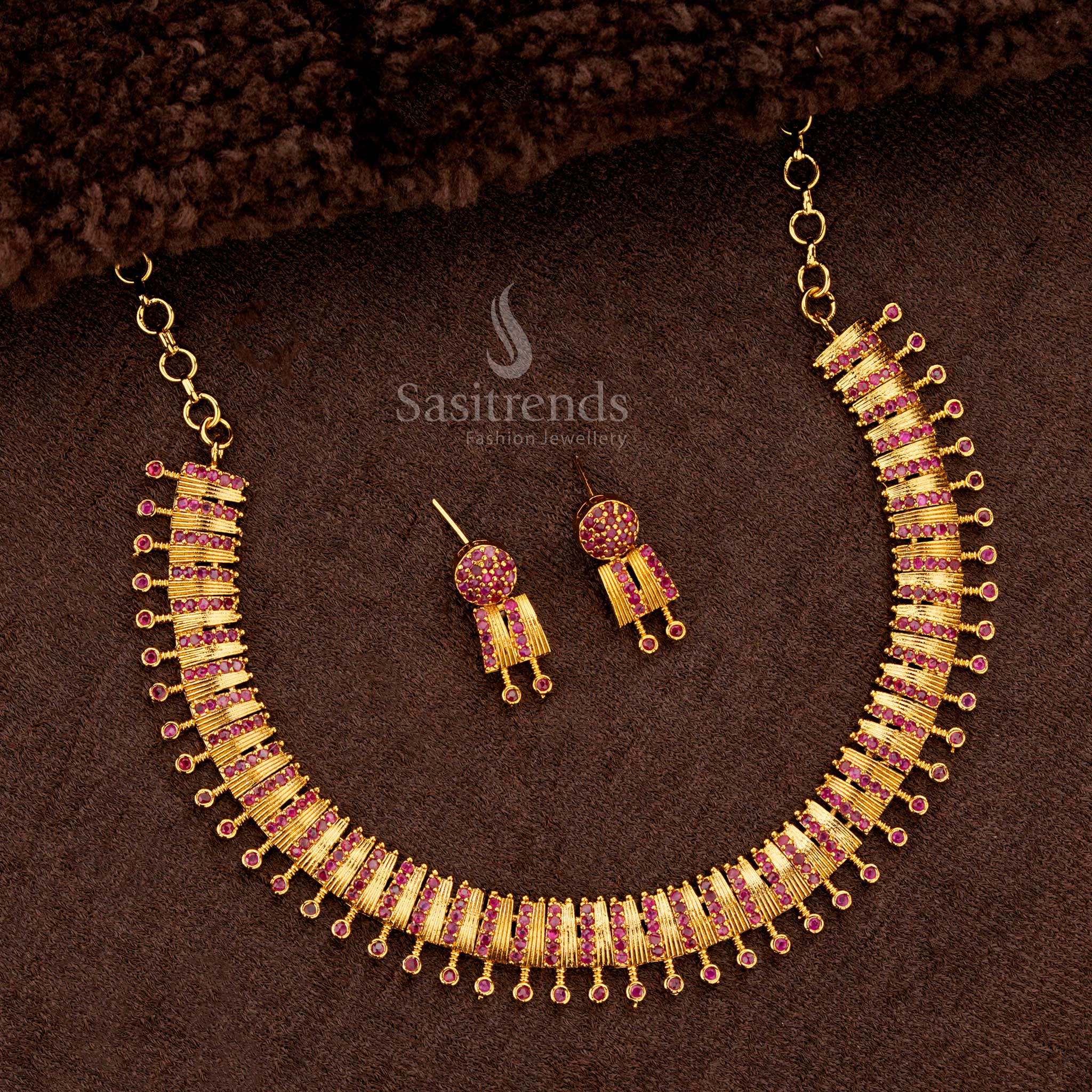 Bridal Matte Gold Ruby Necklace Set with Earrings for Wedding Wear – Sasitrends