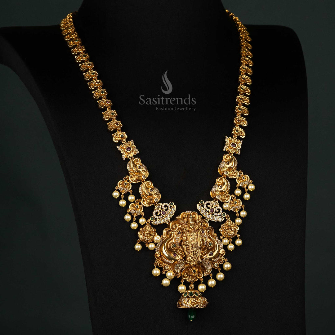 Stunning Look Premium Bridal Temple Matte Gold-Plated Necklace Jewellery  Set with Lord Balaji Pendant, Elephant Motifs, Pearls, and Colored Stones 