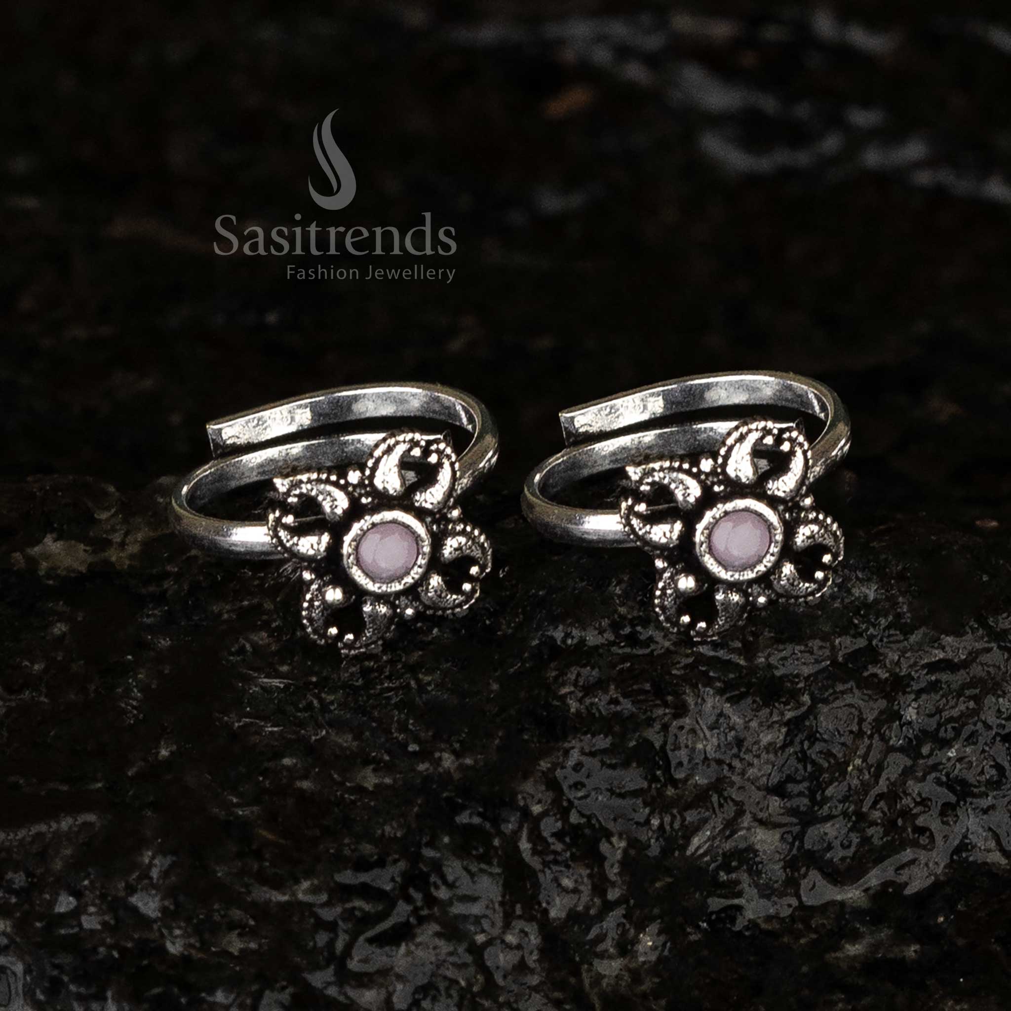 Delicate oxidised toe rings combo with floral design and elegant pink highlights, perfect for graceful wear - Sasitrends
