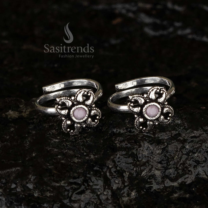 Delicate oxidised toe rings combo with floral design and elegant pink highlights, perfect for graceful wear - Sasitrends