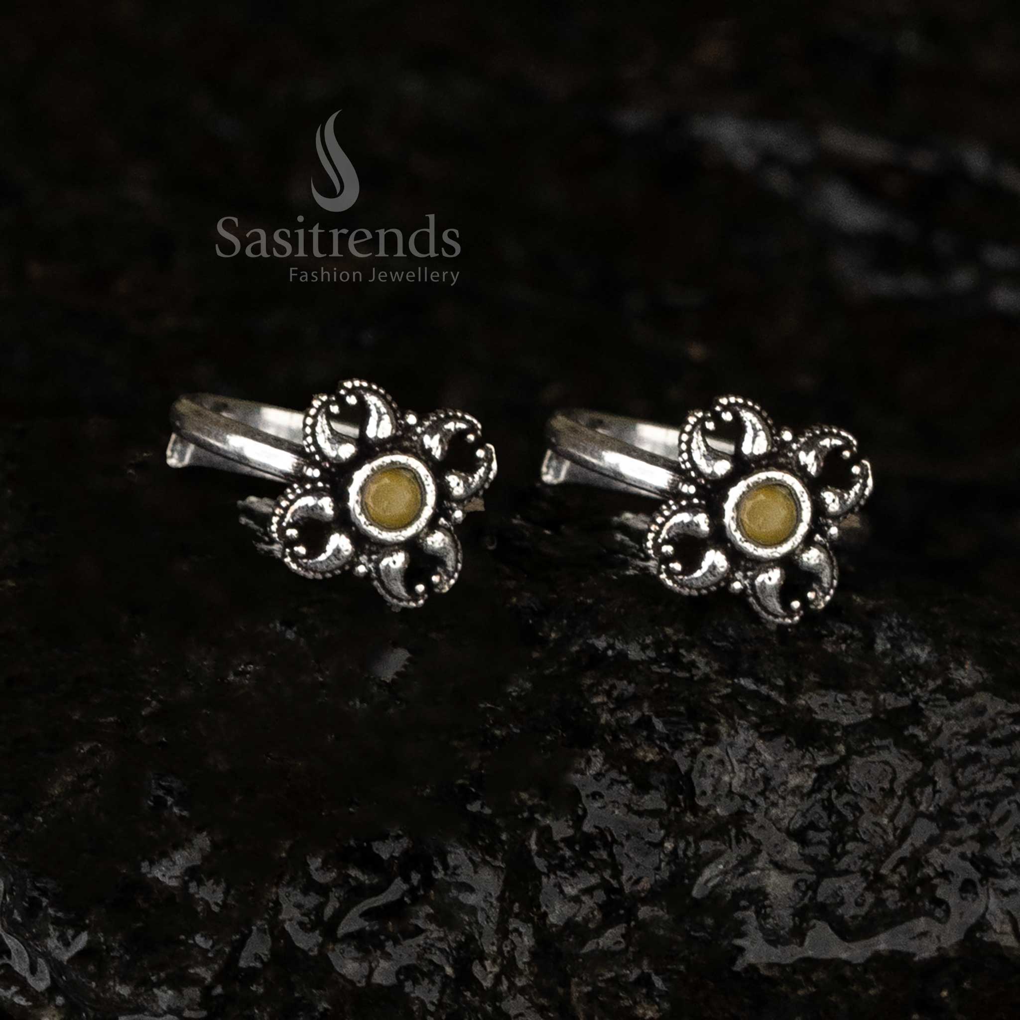 Elegant oxidised toe rings combo with intricate floral details and cheerful yellow accents, perfect for any occasion - Sasitrends