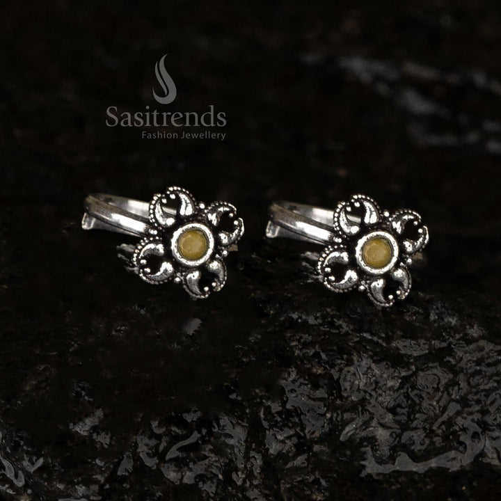 Elegant oxidised toe rings combo with intricate floral details and cheerful yellow accents, perfect for any occasion - Sasitrends