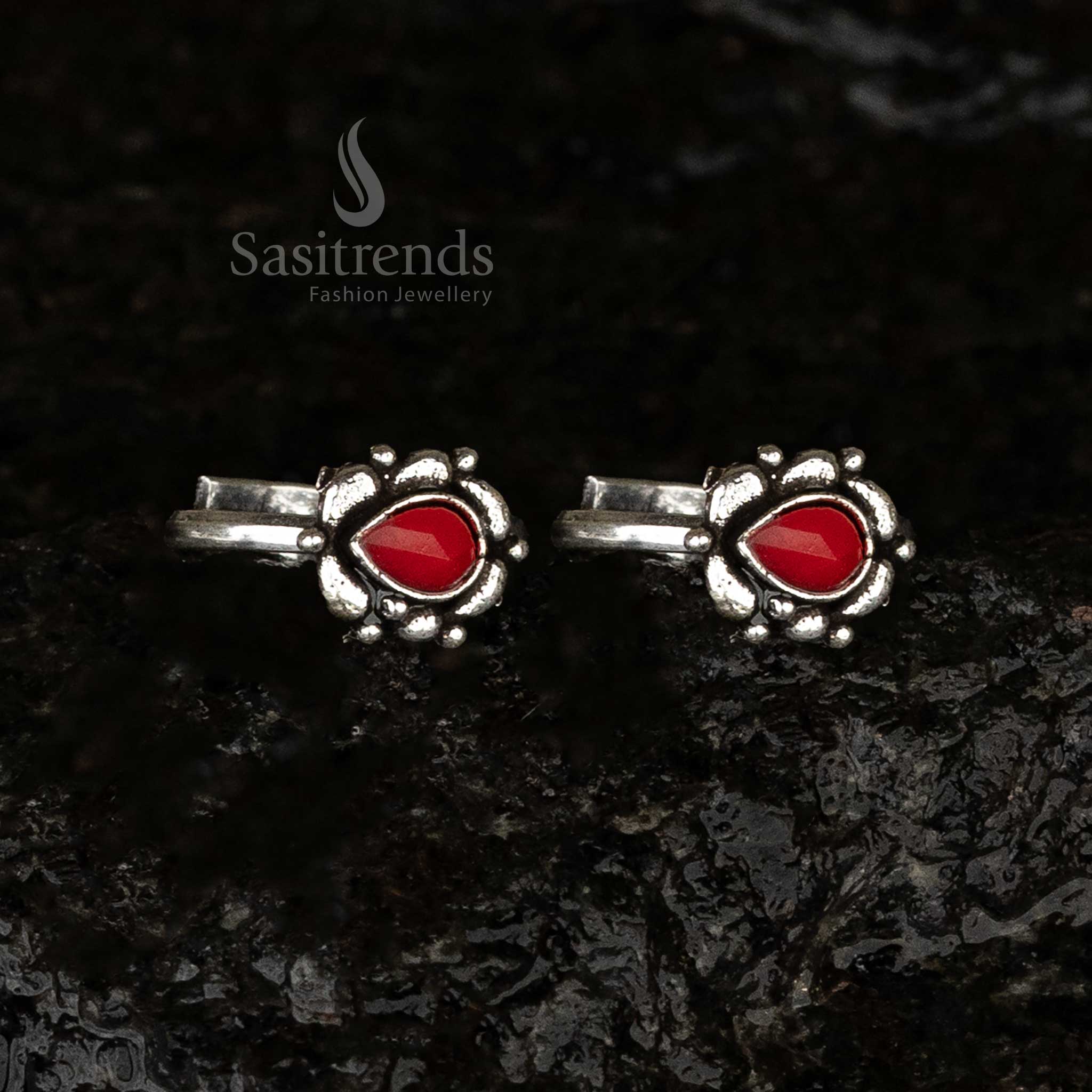 Vibrant oxidised silver ruby teardrop toe ring with adjustable symmetrical bead design - Sasitrends