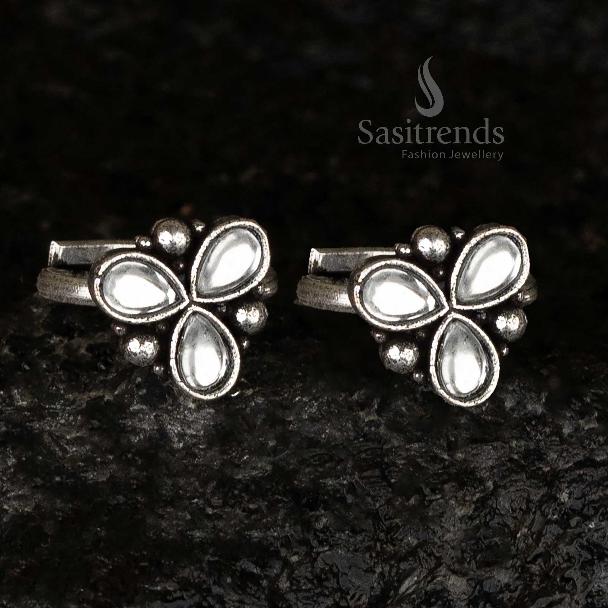 Oxidised toe ring featuring three luminous white opal teardrop stones with intricate bead accents, showcasing a soft antique charm - Sasitrends