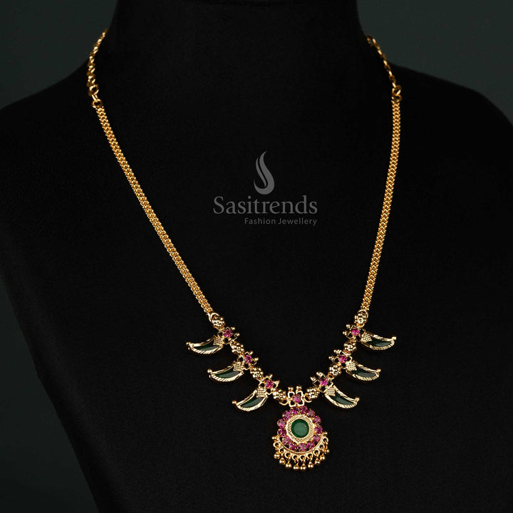 Classic one gram gold plated micro Palakka necklace in Kerala style with 3 petal flower design offering a stunning 24 carat glow for heritage jewellery - Sasitrends