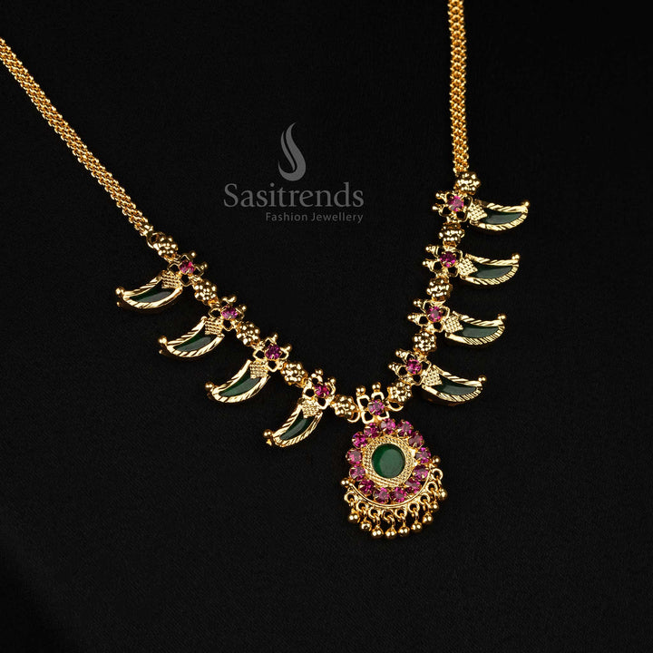 Radiant one gram micro gold plated Palakka necklace in Kerala style with 4 petal floral pattern and 24 carat look for authentic jewellery enthusiasts - Sasitrends