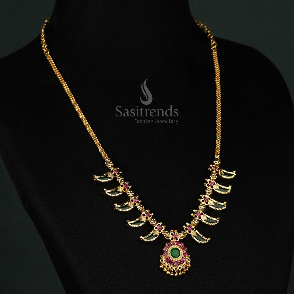 Beautiful one gram gold plated Palakka necklace in Kerala style with 5 petal flower pattern offering a 24 carat finish for iconic jewellery collections - Sasitrends