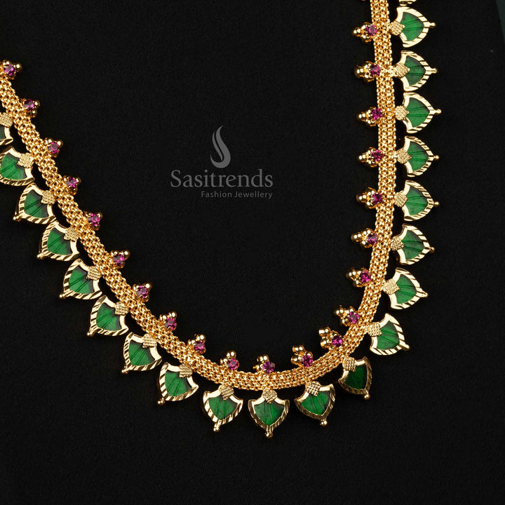 Traditional Palakka Design Necklace with Pink Stones - Micro Gold Plated - Sasitrends