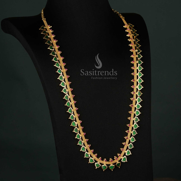 Traditional Palakka Design Necklace with Pink Stones - Micro Gold Plated