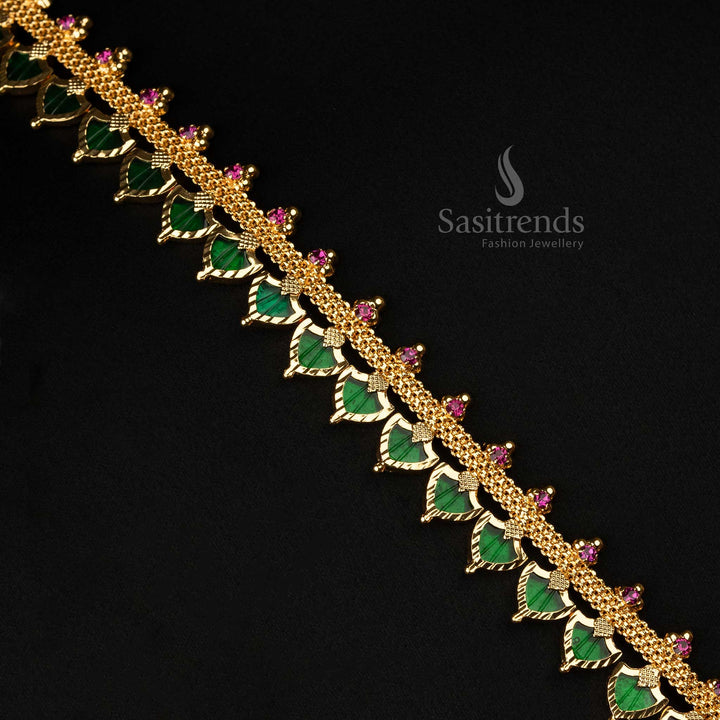 Traditional Palakka Design Necklace with Pink Stones - Micro Gold Plated - Sasitrends