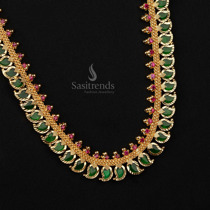 Trendy Kerala Traditional Micro Gold-Plated Mango Palakka Necklace with Pink Stones - Latest Kerala Necklace - Sasitrends