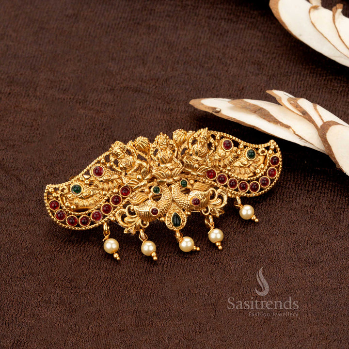 Gorgeous Classic Temple Matte Gold-Plated Lakshmi & Peacock Center Hair Clips Collection with Pearl Hangings - Sasitrends