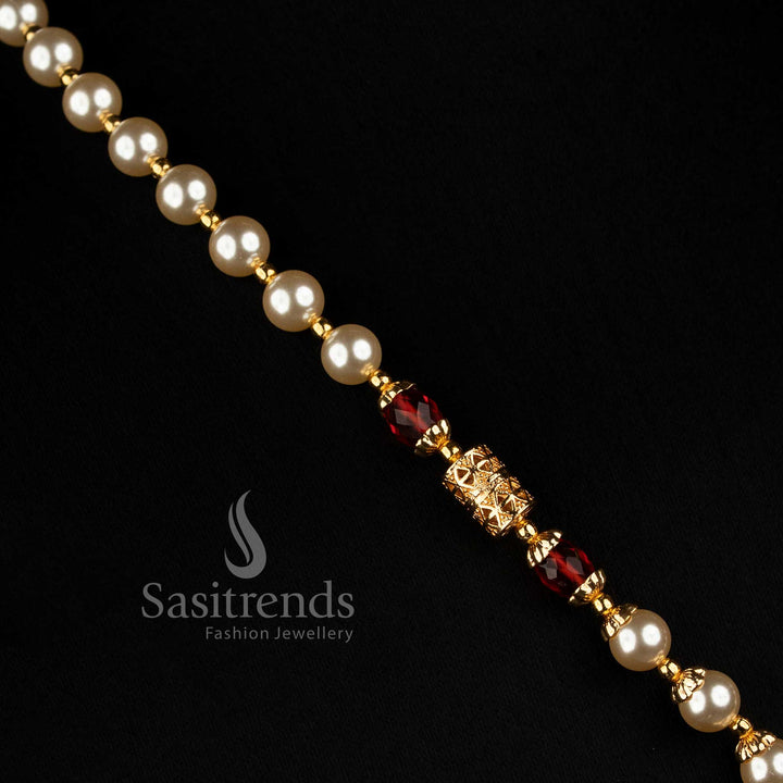 Premium pearl bead necklace set featuring an American Diamond stone medallion pendant and micro gold plated finish