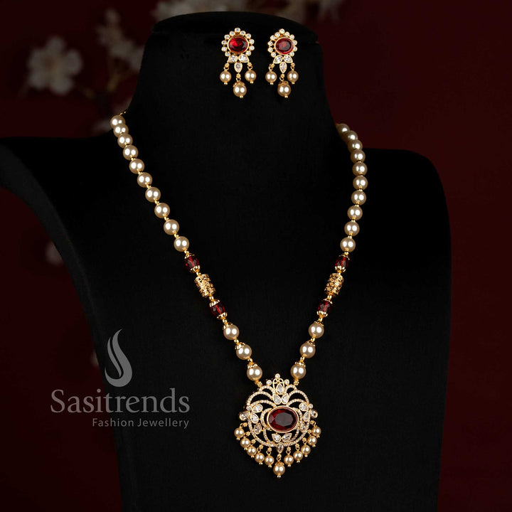 Festive wear pearl bead necklace set with a stunning American Diamond medallion pendant by Sasitrends