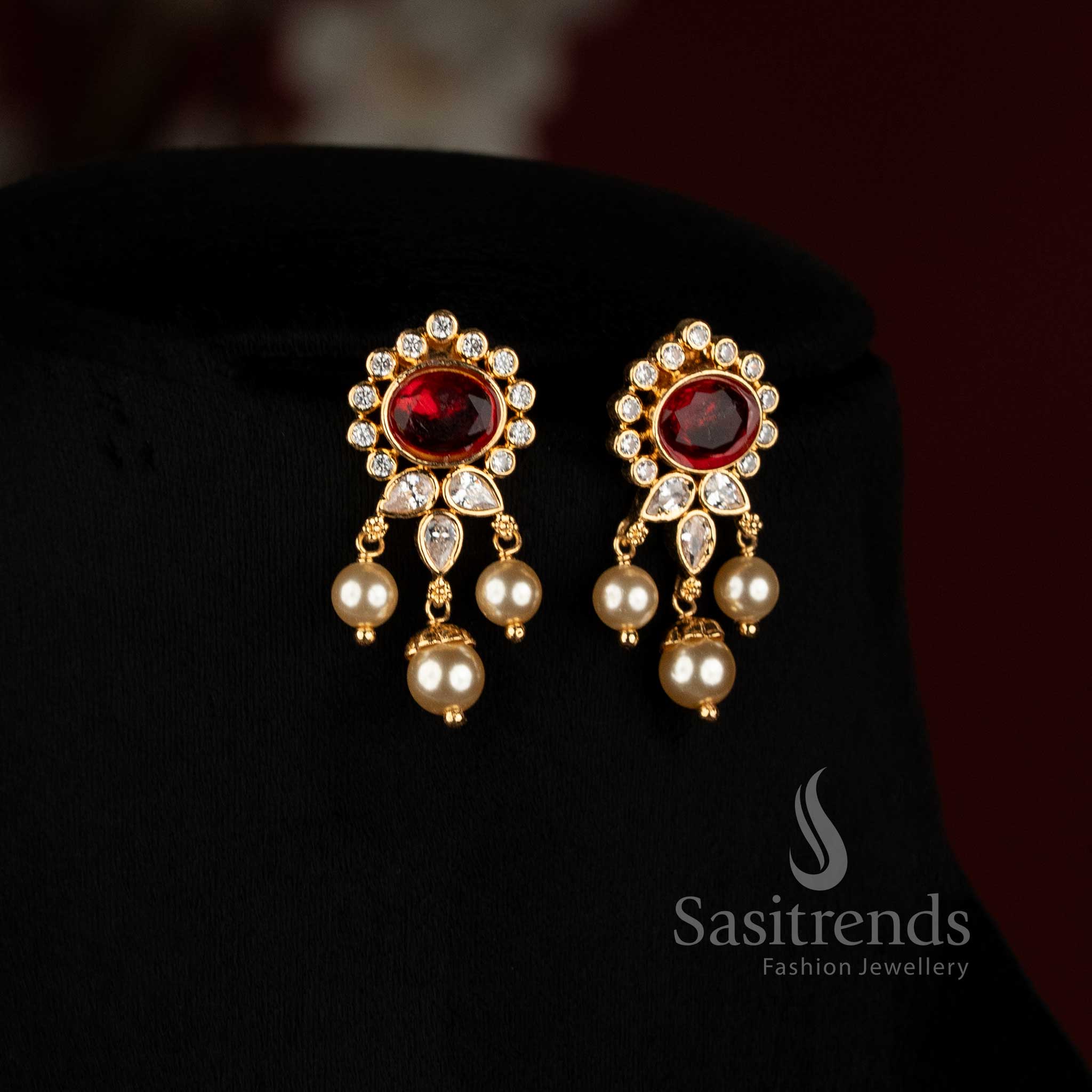 Elegant micro gold plated pearl bead necklace with an ornamental American Diamond medallion for festive occasions