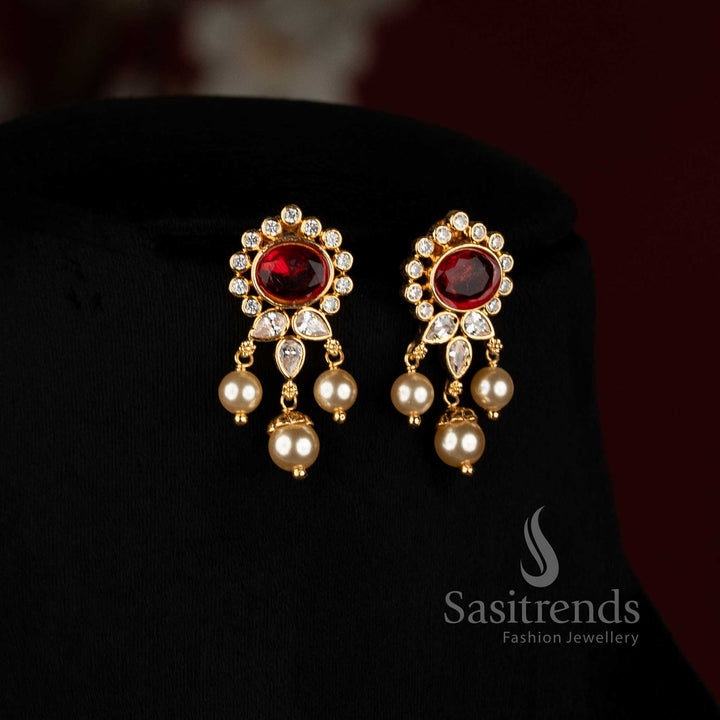 Elegant micro gold plated pearl bead necklace with an ornamental American Diamond medallion for festive occasions