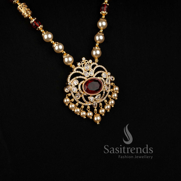 Stunning micro gold plated pearl bead necklace set with an American Diamond stone medallion design by Sasitrends