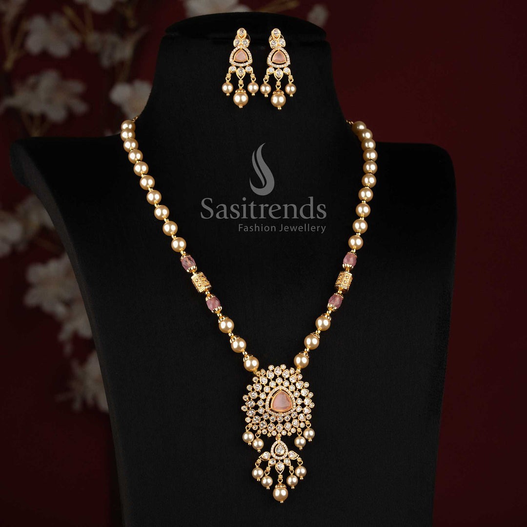 One Gram Micro Gold Plated Layered Pearl Teardrop AD Stone Necklace Set for Women - Sasitrends