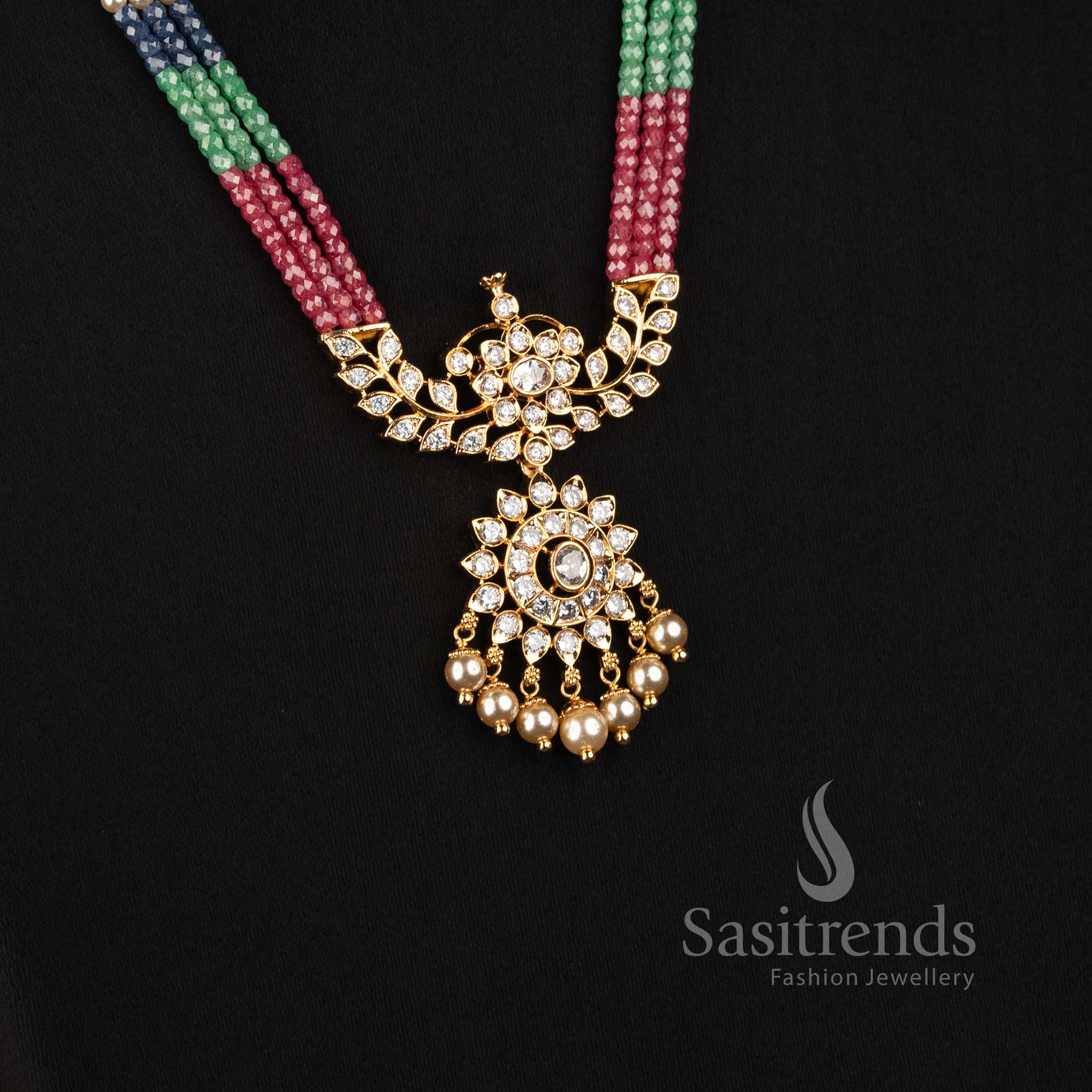 2534E elegant micro gold plated royal pearl strand American Diamond pendant necklace set for party wear by Sasitrends