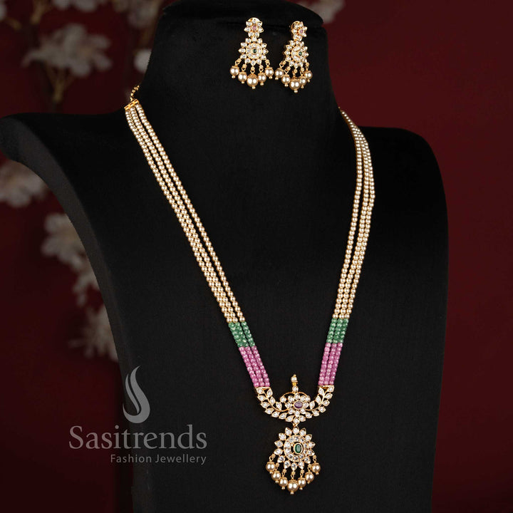 2534E royal pearl strand American Diamond necklace set for wedding and party wear by Sasitrends