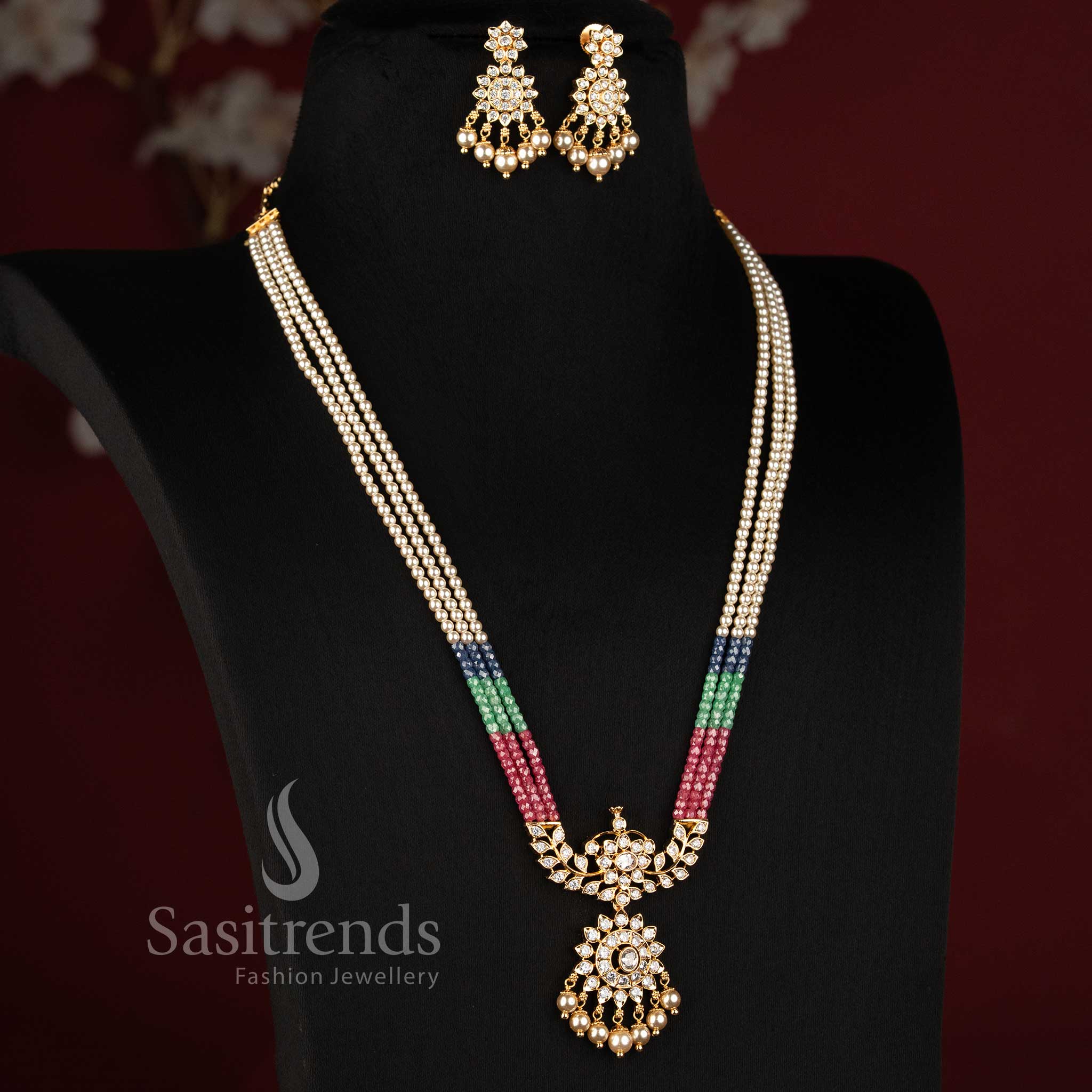 2534E royal pearl strand necklace set with American Diamond pendant micro gold plated Sasitrends