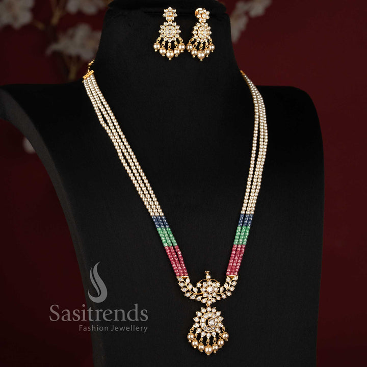 2534E royal pearl strand necklace set with American Diamond pendant micro gold plated Sasitrends