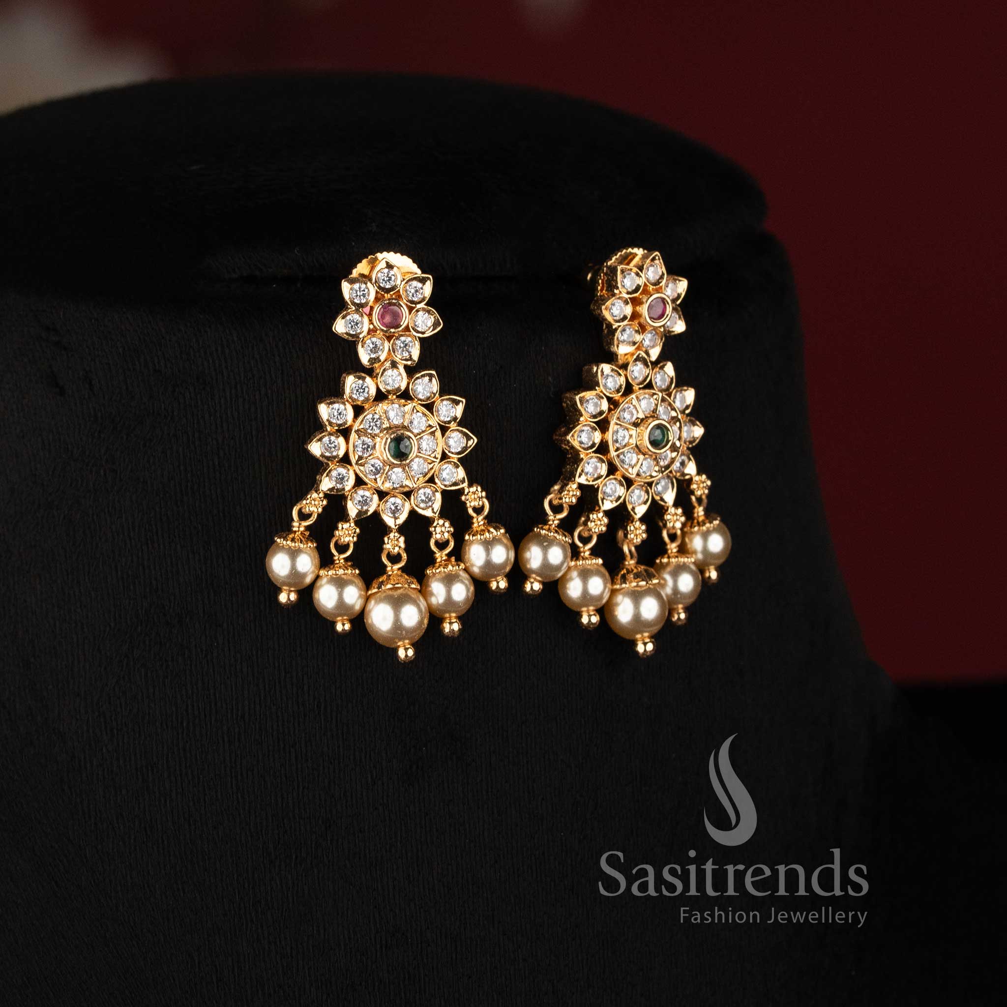 Elegant Micro Gold Plated Royal Pearl Strand American Diamond Pendant Necklace Set - Sasitrends