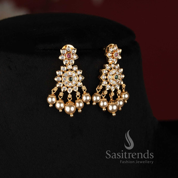 Elegant Micro Gold Plated Royal Pearl Strand American Diamond Pendant Necklace Set - Sasitrends