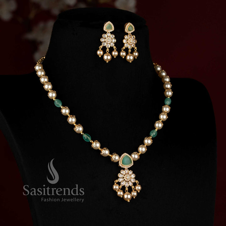 Premium micro gold plated pearl chain necklace set featuring an elegant floral pendant and matching earrings - Sasitrends
