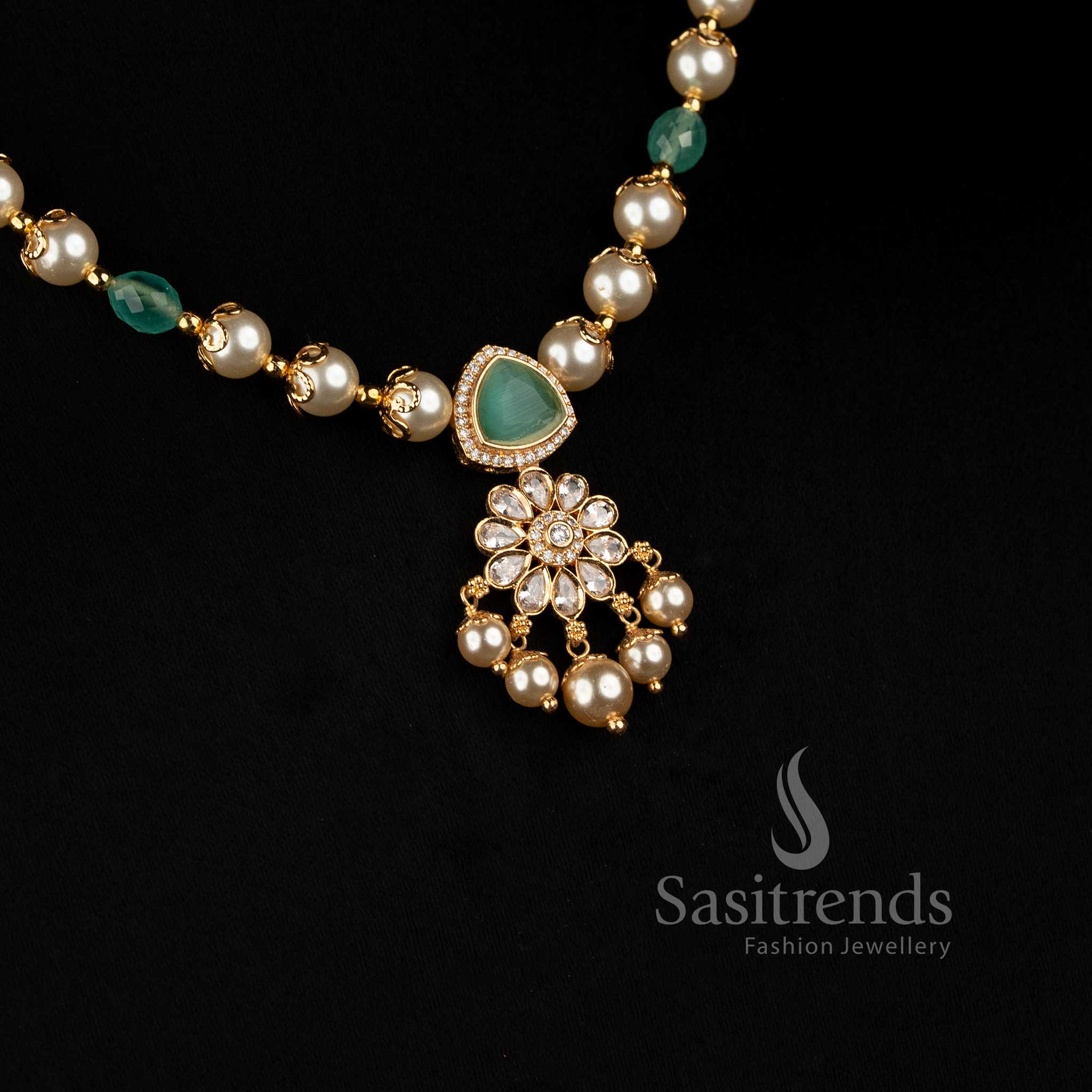24K micro gold plated pearl chain necklace with intricate floral pendant and matching earrings for festive wear - Sasitrends