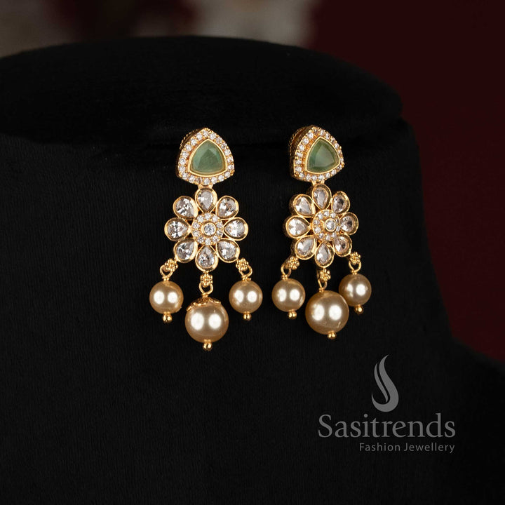 Premium pearl chain floral pendant necklace jewellery set with 24K micro gold plated finish by Sasitrends