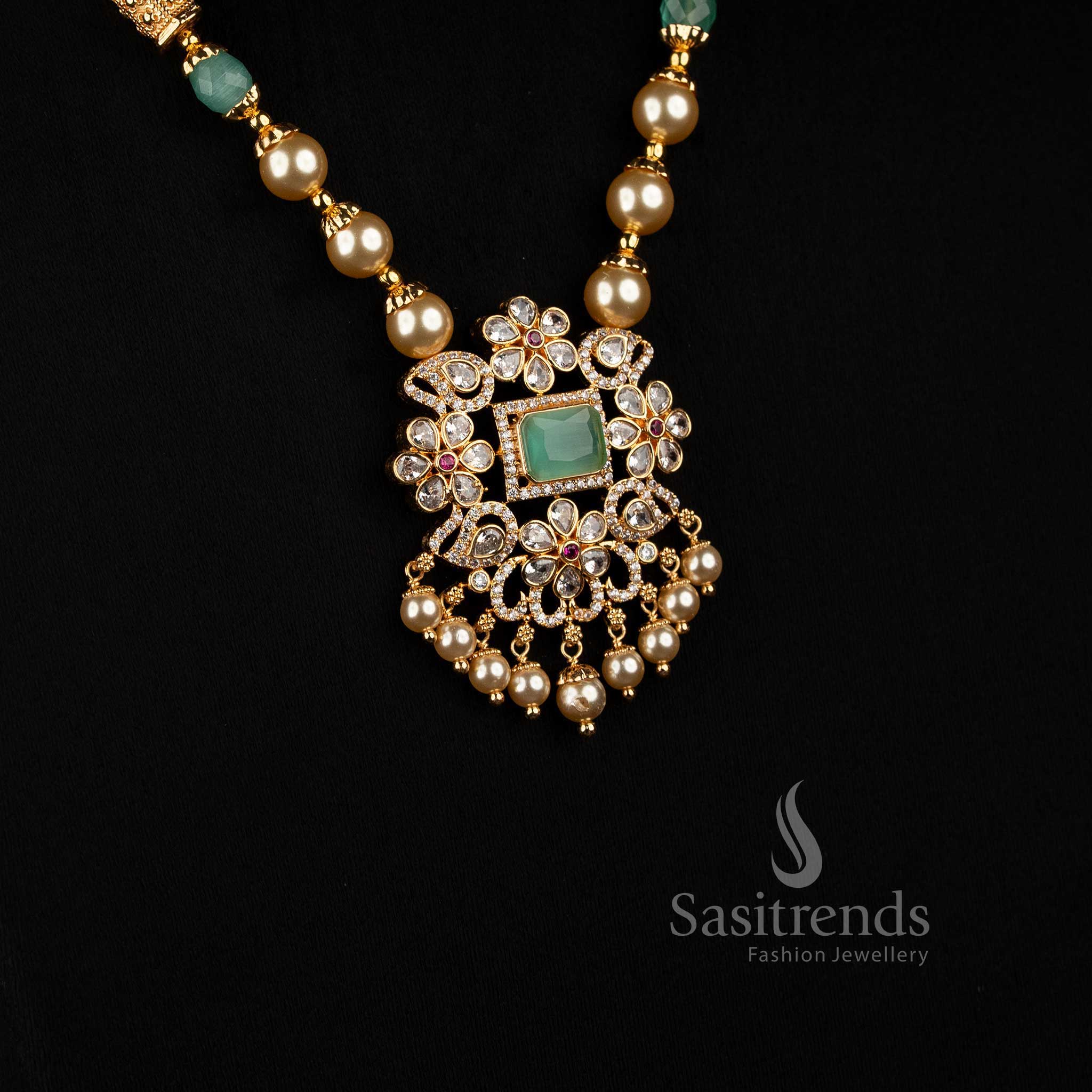 Premium American Diamond square motif necklace set with pearl strand detailing and micro gold plated finish for festive wear