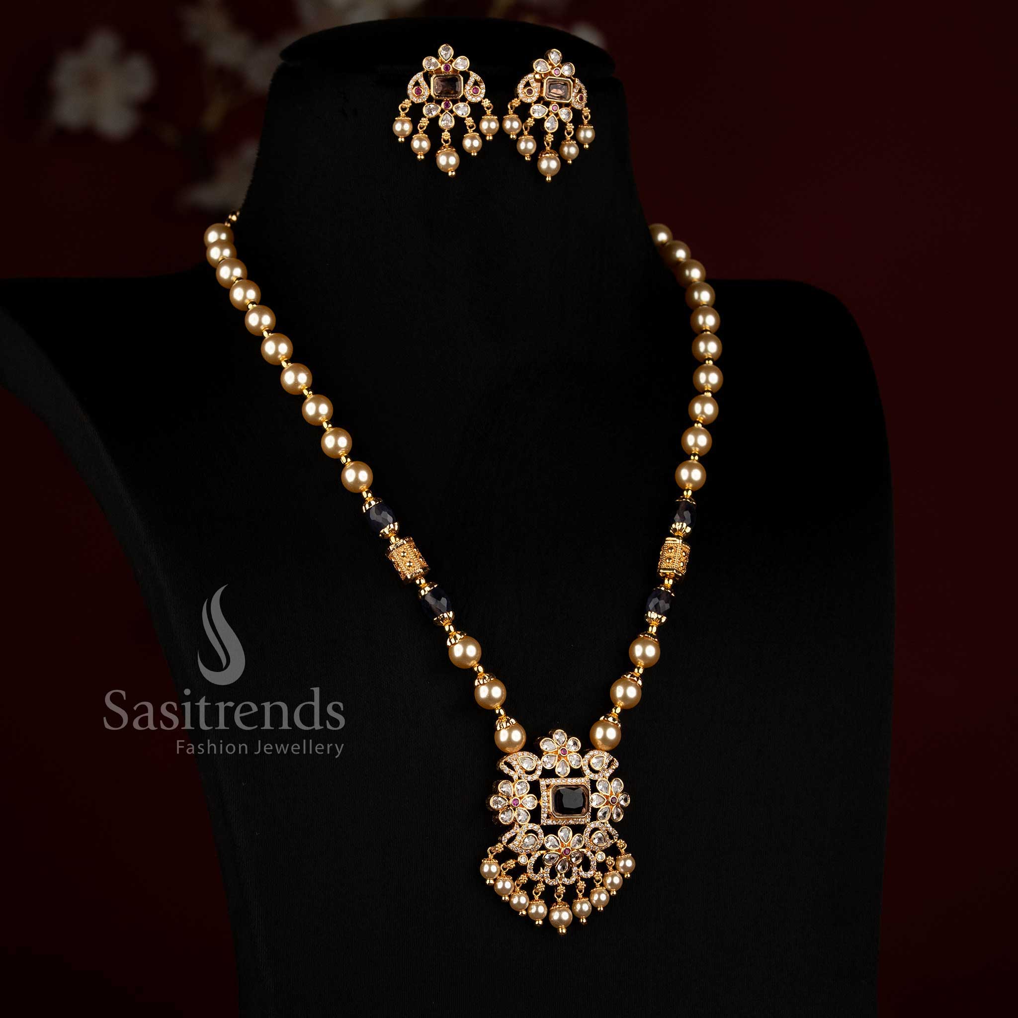 2534K festive wear pearl strand necklace jewellery set with American Diamond square motif and drop design