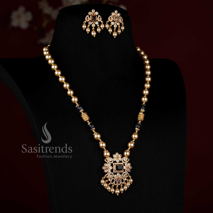 2534K festive wear pearl strand necklace jewellery set with American Diamond square motif and drop design