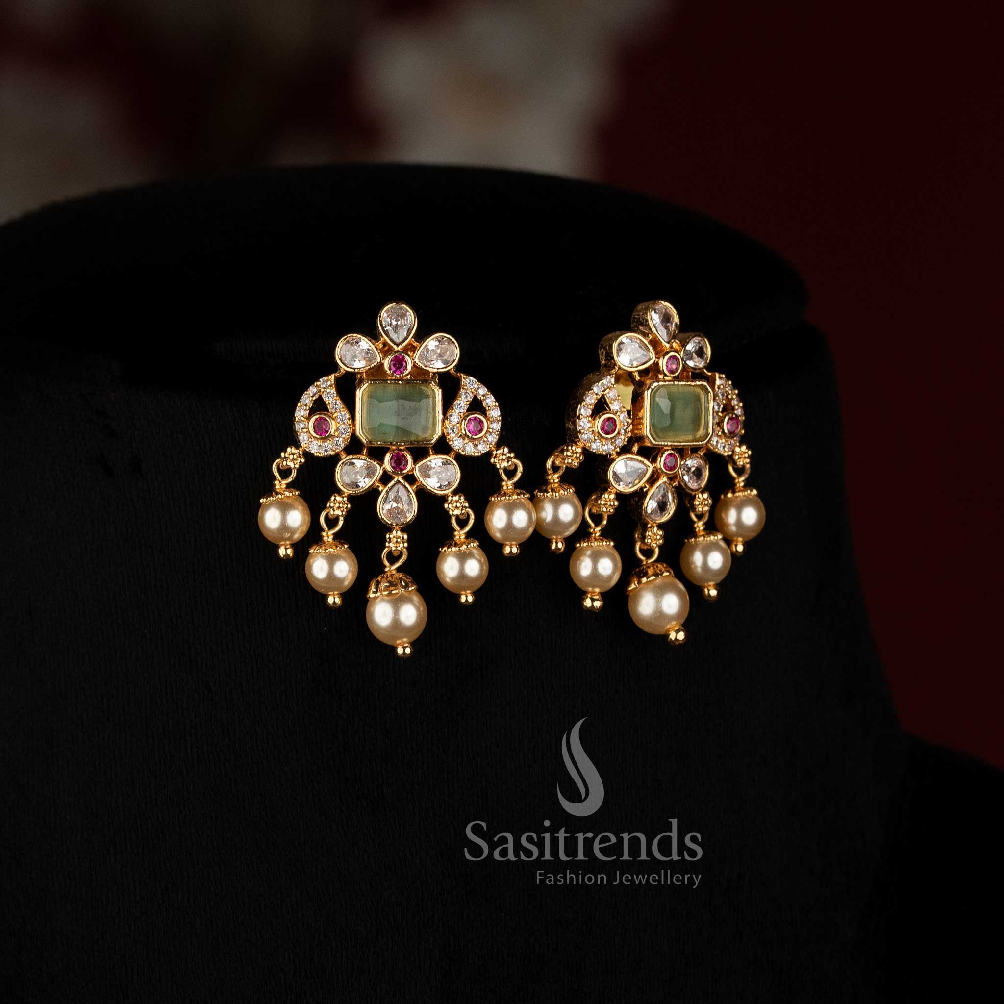 2534K American Diamond square motif pearl strand necklace set with micro gold plated finish for festive wear Sasitrends