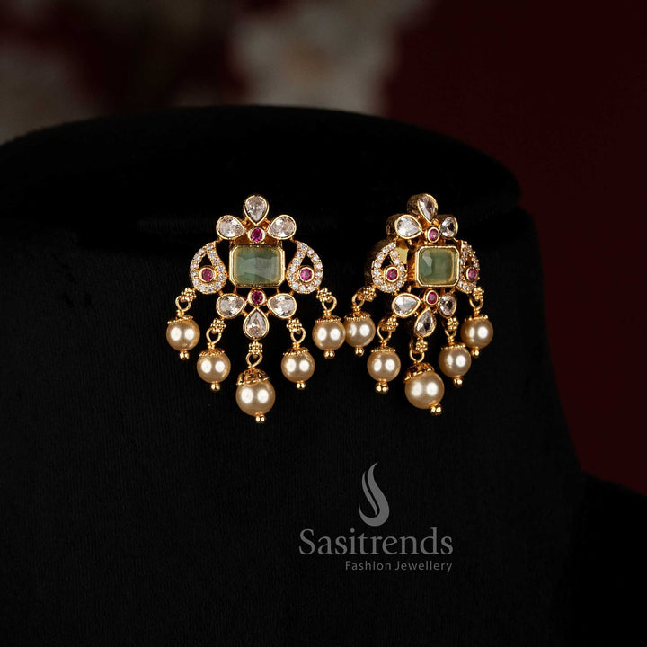 2534K American Diamond square motif pearl strand necklace set with micro gold plated finish for festive wear Sasitrends
