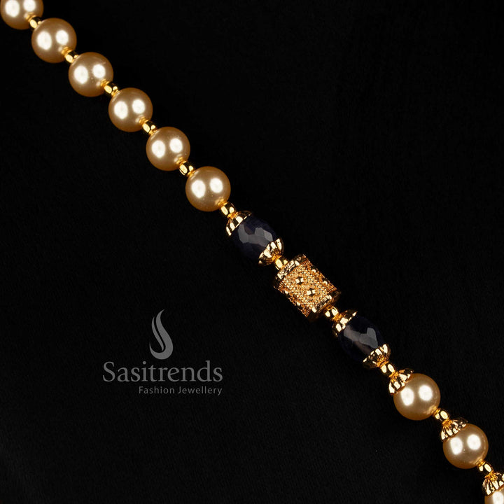 2534K elegant micro gold plated American Diamond square motif necklace with pearl strand and drop design