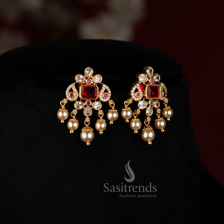 Elegant micro gold plated pearl strand necklace featuring American Diamond square motifs and graceful drop detailing