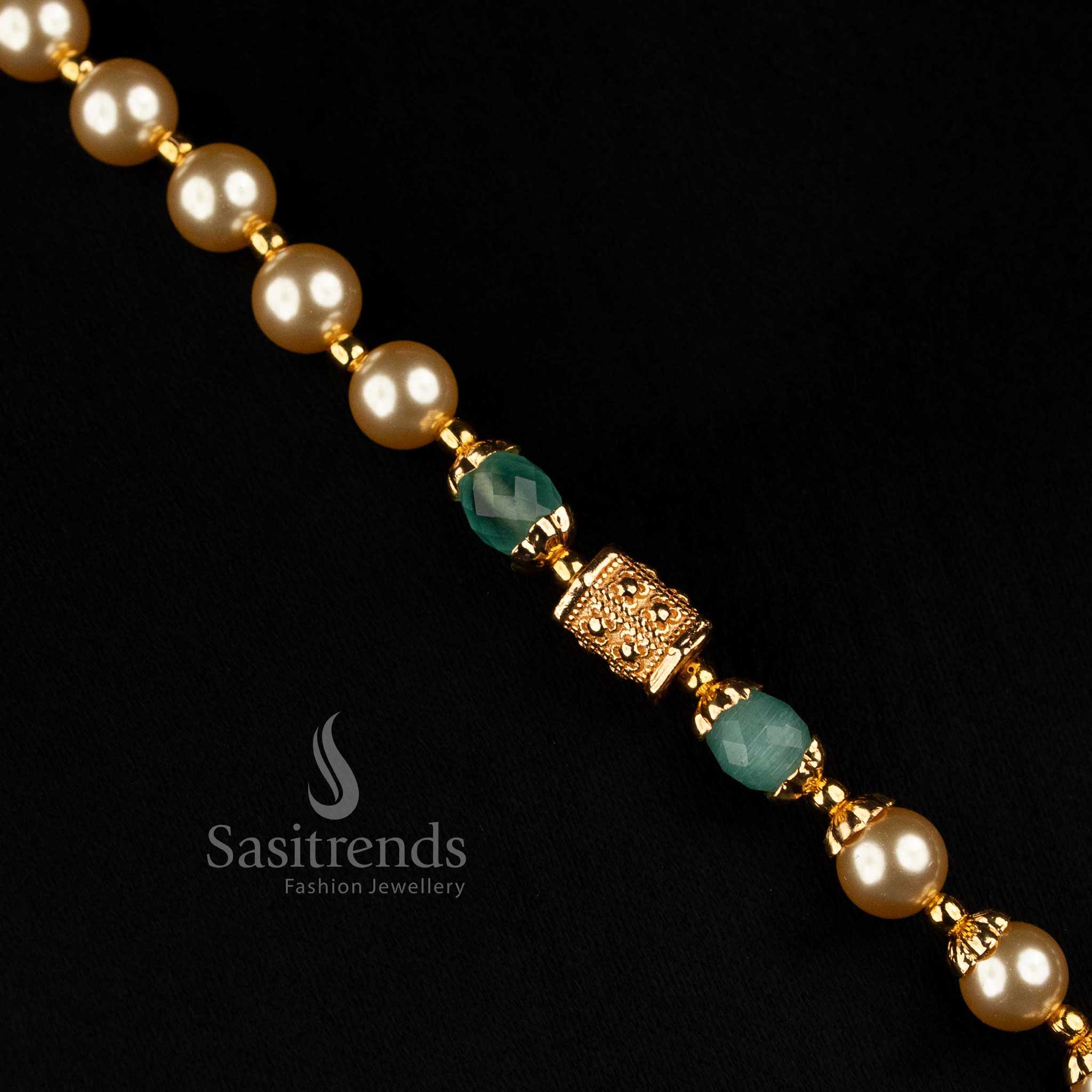 2534K micro gold plated pearl strand necklace set with American Diamond square motif and elegant drop design