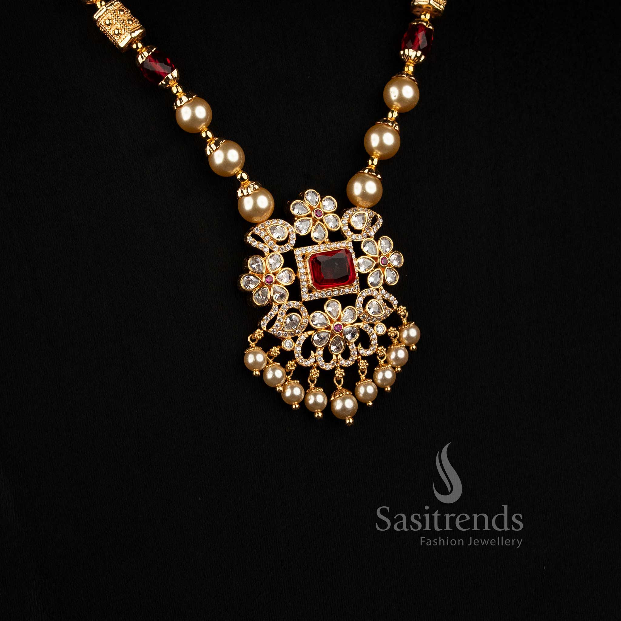Premium micro gold plated pearl strand American Diamond necklace set with elegant square motif and drop design by Sasitrends